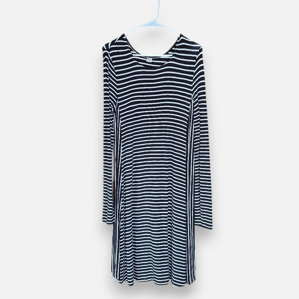 Old Navy Black White Stripe Swing Dress Long Sleeve Women M Jersey Casual A-line
